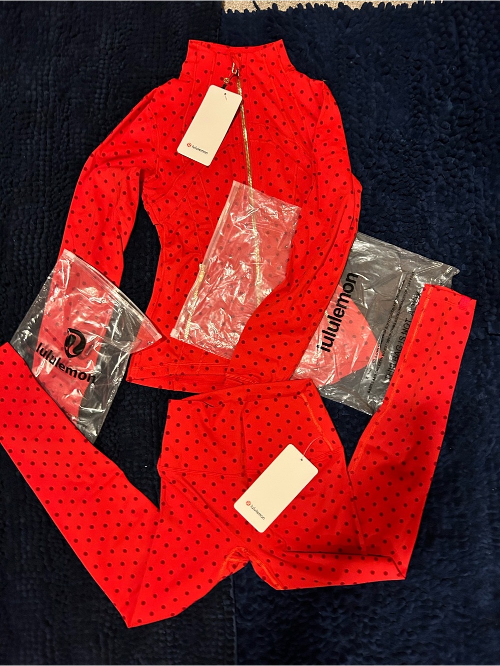 lululemon athletica Red with Black Polka Dot Zip-Front Active Top and Leggings